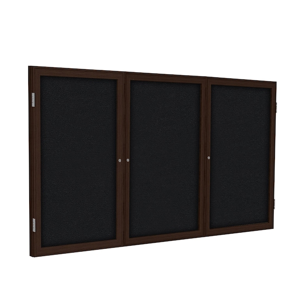 Enclosed Bulletin Board, 3 Door, Fabric, Walnut Frame, 3 ft H x 6 ft W, Black